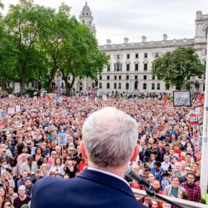 Corbyn in front of a crowd