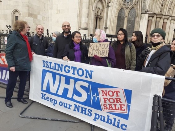 Health campaigners outside the high court which was hearing a judicial review of the involvement of US healthcare giant Centene in running GP practices in London