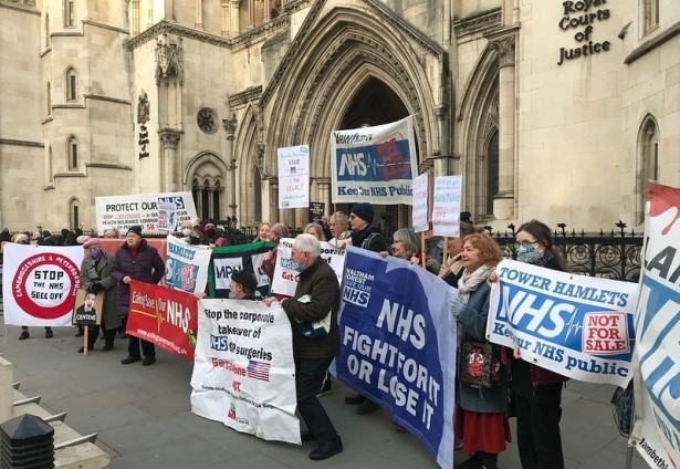 Health campaigners outside the high court which was hearing a judicial review of the involvement of US healthcare giant Centene in running GP practices in London