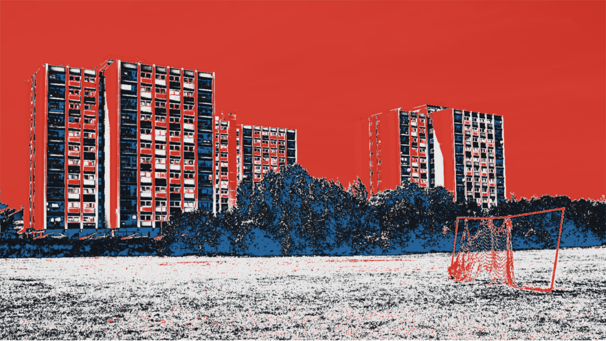 picture of social housing  blocks of flats against a red backdrop
