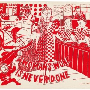 The Women's Liberation Movement saw itself as the 'True Left' and poster makers extended this ideology to the production process. The See Red Women's Poster Collective (1974-1989) was a notable example of co-operative and non-hierarchical work methods. Their output focused on the domestic issues of women's lives. The 'split woman' represents women who had to work a double shift in employment and in the home, and were undervalued in both. The poster protests against the situation, but the woman herself appears strong and capable.