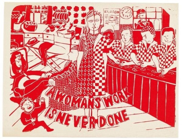 The Women's Liberation Movement saw itself as the 'True Left' and poster makers extended this ideology to the production process. The See Red Women's Poster Collective (1974-1989) was a notable example of co-operative and non-hierarchical work methods. Their output focused on the domestic issues of women's lives. The 'split woman' represents women who had to work a double shift in employment and in the home, and were undervalued in both. The poster protests against the situation, but the woman herself appears strong and capable.
