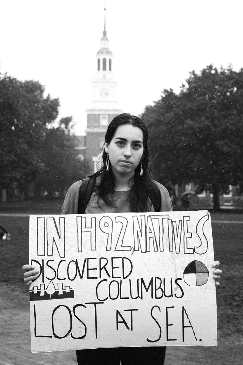 Mali Obomsawin demonstrates on Indigenous Peoples’ Day at Dartmouth College in New Hampshire.
Photo by Cecilia Torres