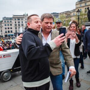 London, United Kingdom - May 13 2023: Reclaim Party MP Andrew Bridgen poses for a selfie at the Truth Be Told rally in Trafalger Square.