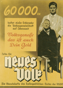 English translation:
60000 RM this is what this person suffering from hereditary defects costs the community during his lifetime
Comrade from among the people [Fellow citizen], that is your money, too
Read Neues Volk ([A] New People)
The monthly magazines of the Office for Race Politics of the NSDAP
