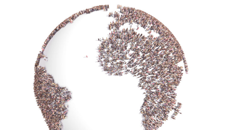 World of People. Thousands of People Formed the World Map. Human Overpopulation. Over Populated World. Population Growth. Overpopulation Crisis. 3D Illustration.