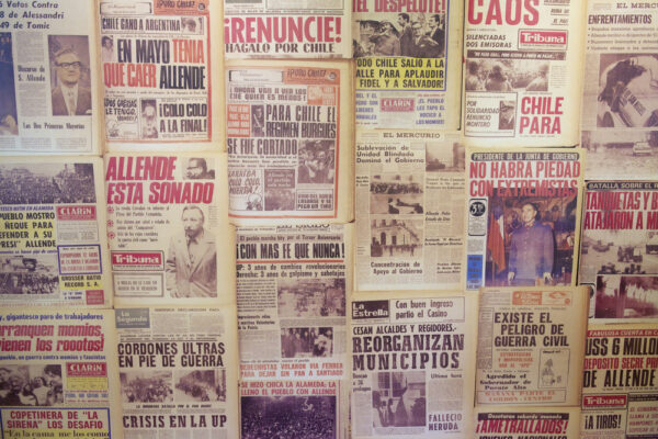 SANTIAGO, CHILE - OCTOBER 17, 2013: Collage of the newspapers issued in 1973 during Chilean coup d'etat taken in Santiago, Chile.