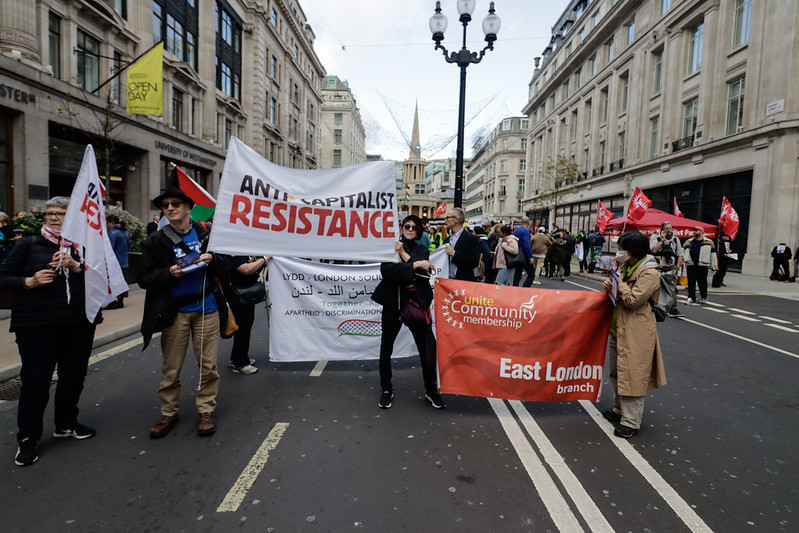 Anti*Capitalist Resistance banner at Ceasefire Now - Stop the War on Gaza protest central London 28th October 2023. Image by Steve Eason