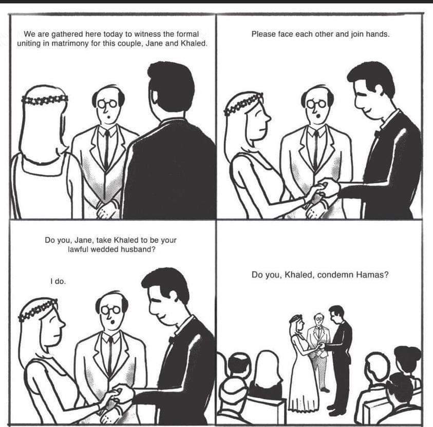 A cartoon in which a couple being married is asked during the ceremony if they condemn Hamas