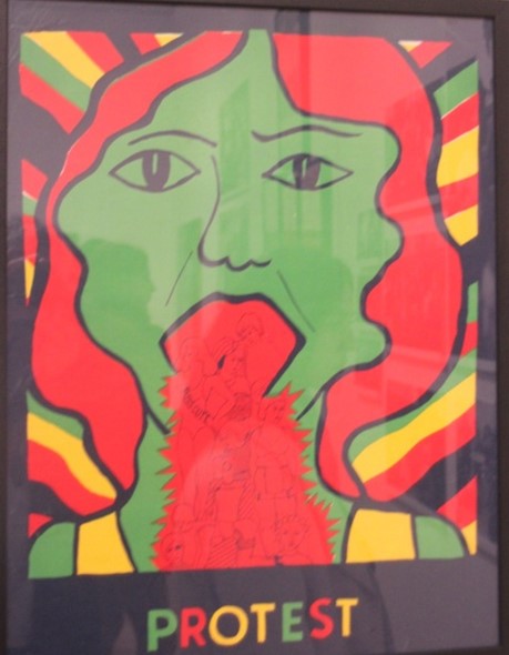 Poster, screenprinted in green, red, blue and green. The central image shows a woman's face, her mouth is wide open, flowing out of her mouth are several female figures wearing underwear and a beauty Queen. The image is framed by a blue border, underneath is the caption 'PROTEST'.