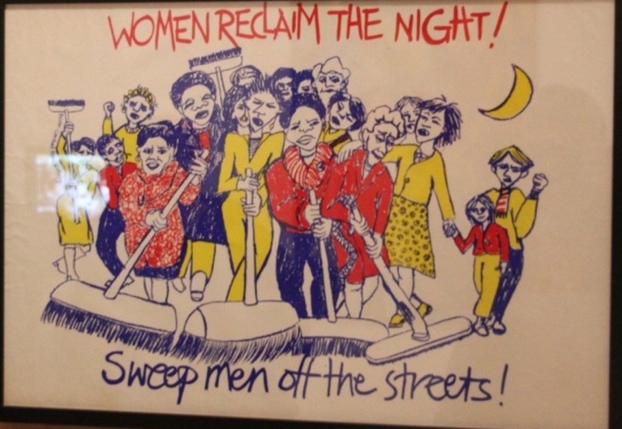 Landscape poster depicting an illustration of a variety of angry women with sweeping brooms, in primary colours, against a white background. The moon features in the background.