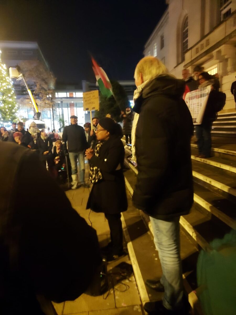 Diane Abbott speaking outside Hackney Town hall at Palestinian solidarity protest for Hackney Council to disinvest funds from Israel
