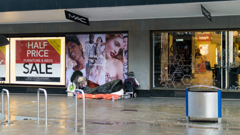 Bristol, England - Jan 01, 2018: Homeless in City B, Homeless People's Possessions Next to Shopping Quarter in Bristol City Centre