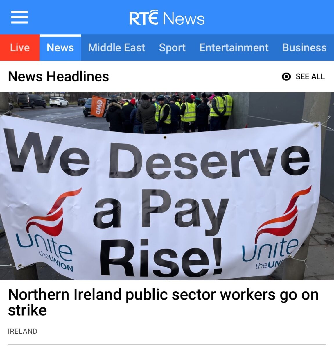 Snip from RTE website - shows banner with words "We deserve a pay rise"