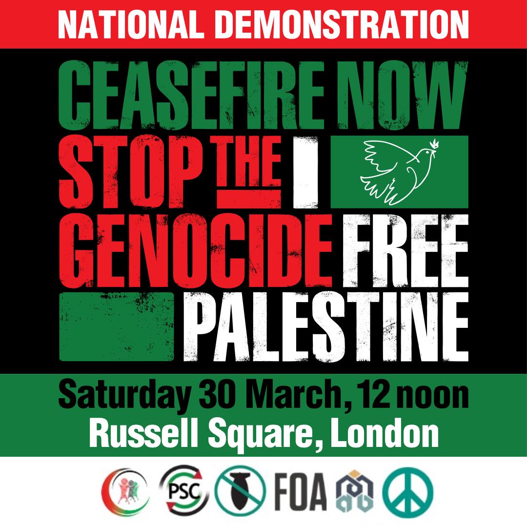 Graphic for National Demonstration - – Ceasefire Now – Stop the Genocide in Gaza. Main image by Steve Eason