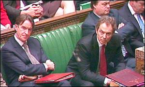 Tony Blair and Peter Mandleson sit in the House of Commons