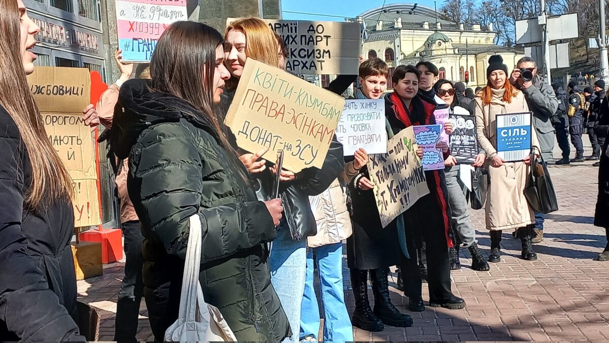 On 8 March, international women’s day, activists staged a protest in Kyiv against sexism in all Ukrainian institutions, including the army. Photo from Katia Farbar’s twitter feed