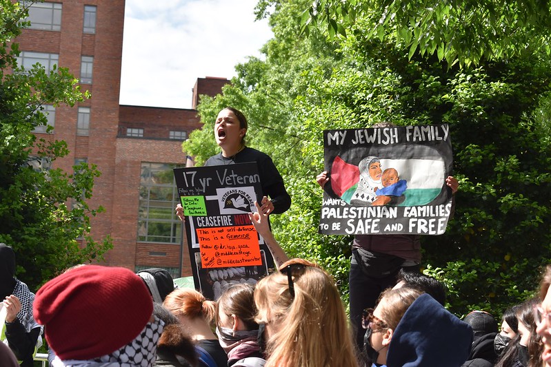 Encampment and protest for Gaza and Palestine at George Washington University on April 26, 2024. Photo by Allison Fletcher Acosta