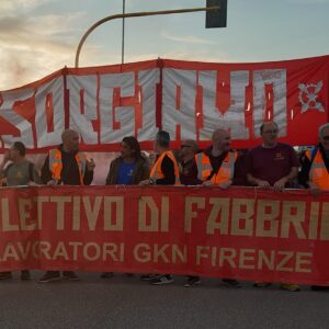 Shop stewards from the ex-GKN workers’ collective at Campi Bisenzio, Florence, leading 5000 marchers last weekend. The large banner bears their slogan, Insorgiamo (Let Us Rise Up)