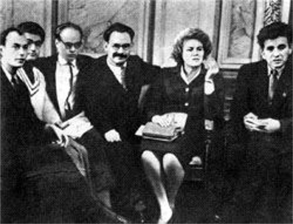 Shistdesiatnyky: Mykola Vinhranovsky, Ivan Dziuba, Ivan Drach, Ivan Svitlychny, Lina Kostenko, Yevhen Sverstiuk (October 1963).