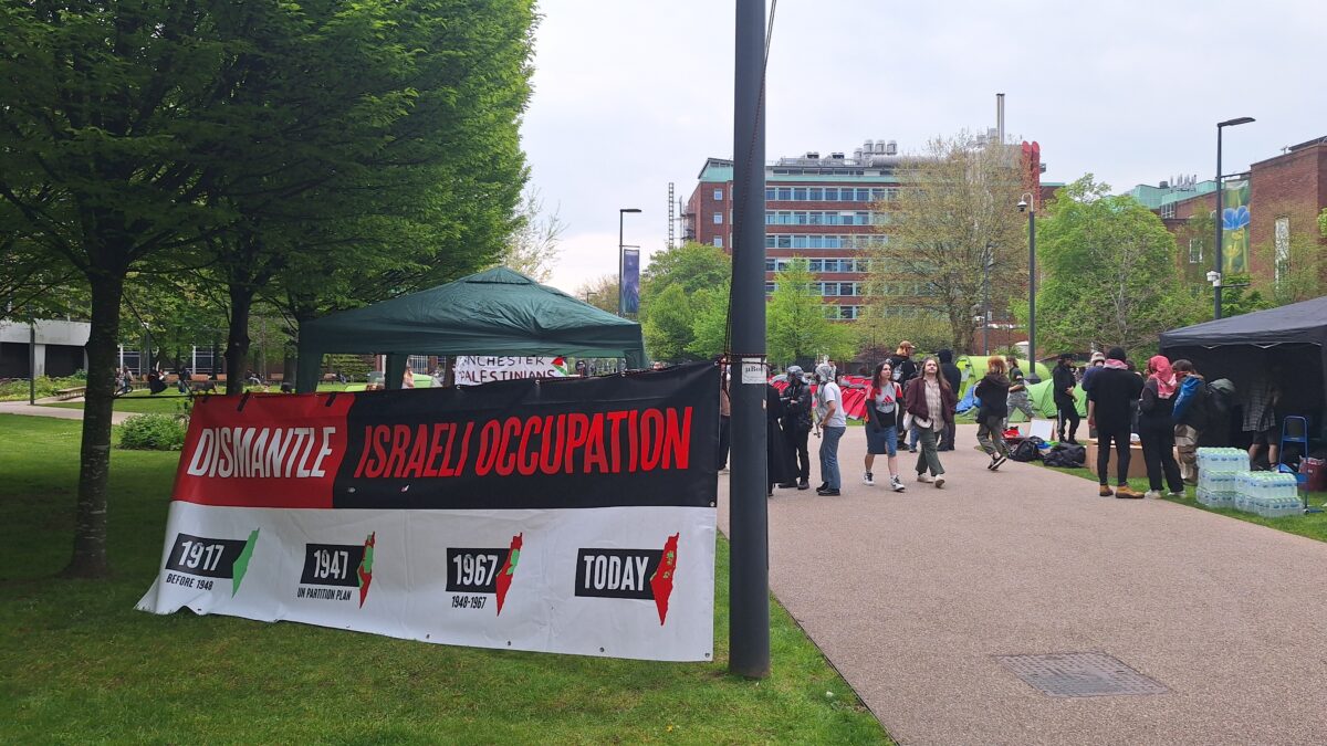 Manchester University encampment banner