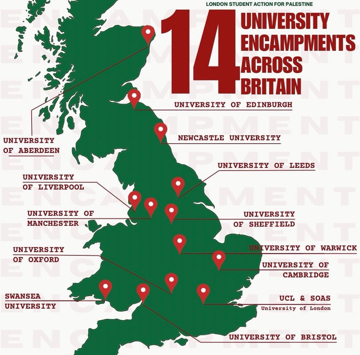 University encampment map from London Student Action for Palestine