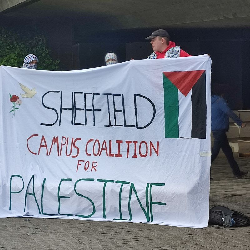 Students protesting at Sheffield University, banner says: "Sheffield Campus Coalition for Palestine." 