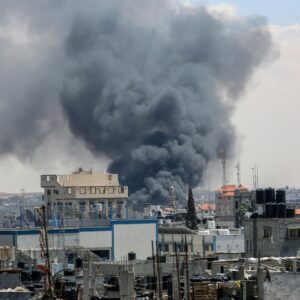 Smoke rises after an Israeli air strike on the east of the city of Rafah in the southern Gaza Strip, on May 8, 2024.