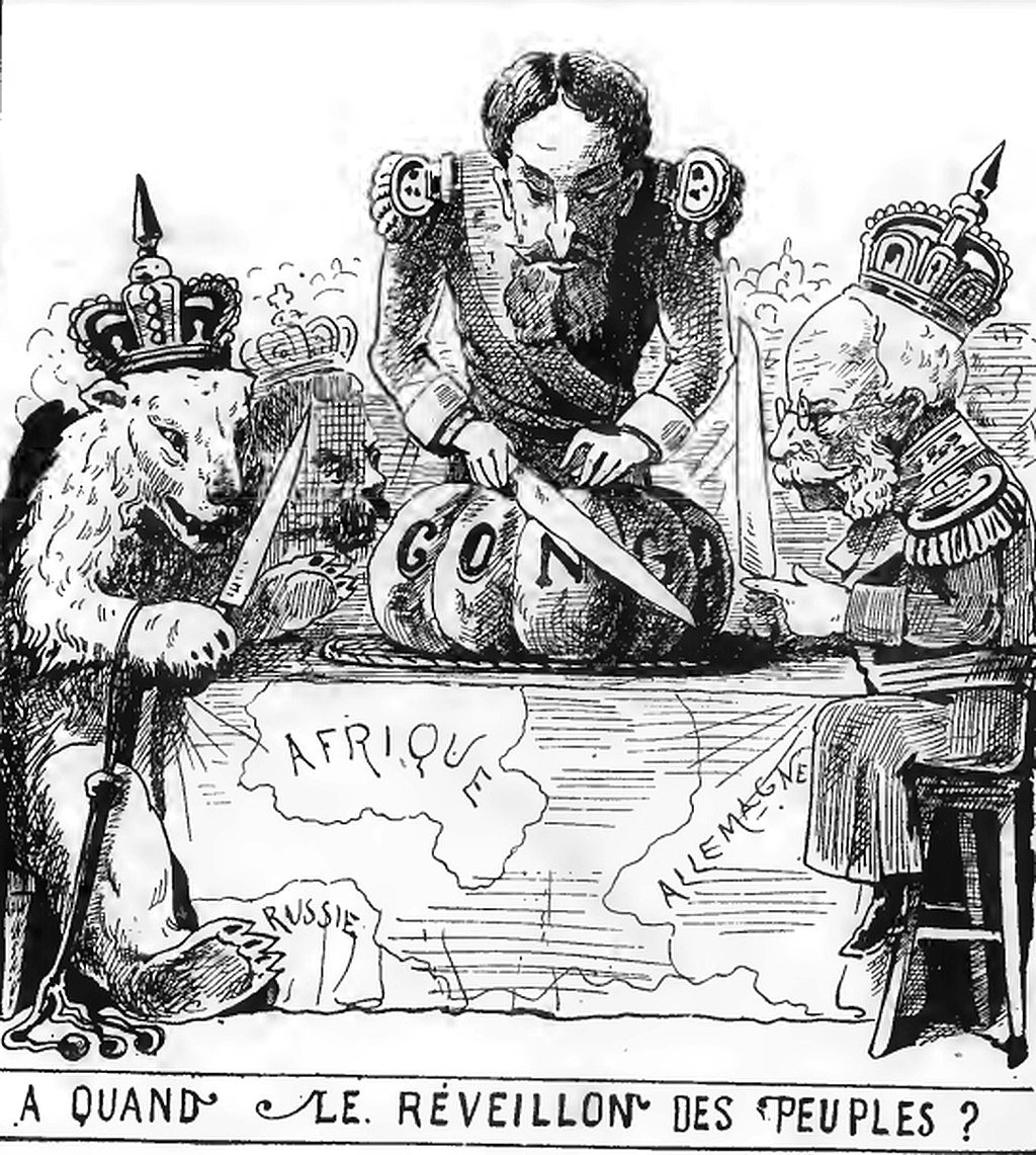 Cartoon depicting Belgian King Leopold II in the middle, German Emperor William I on the right, and a crowned bear (representing the Russian Empire on the left), cutting up a pumpkin (representing the Congo) at the Berlin Conference of 1884, with the text below "When the People's eve?"