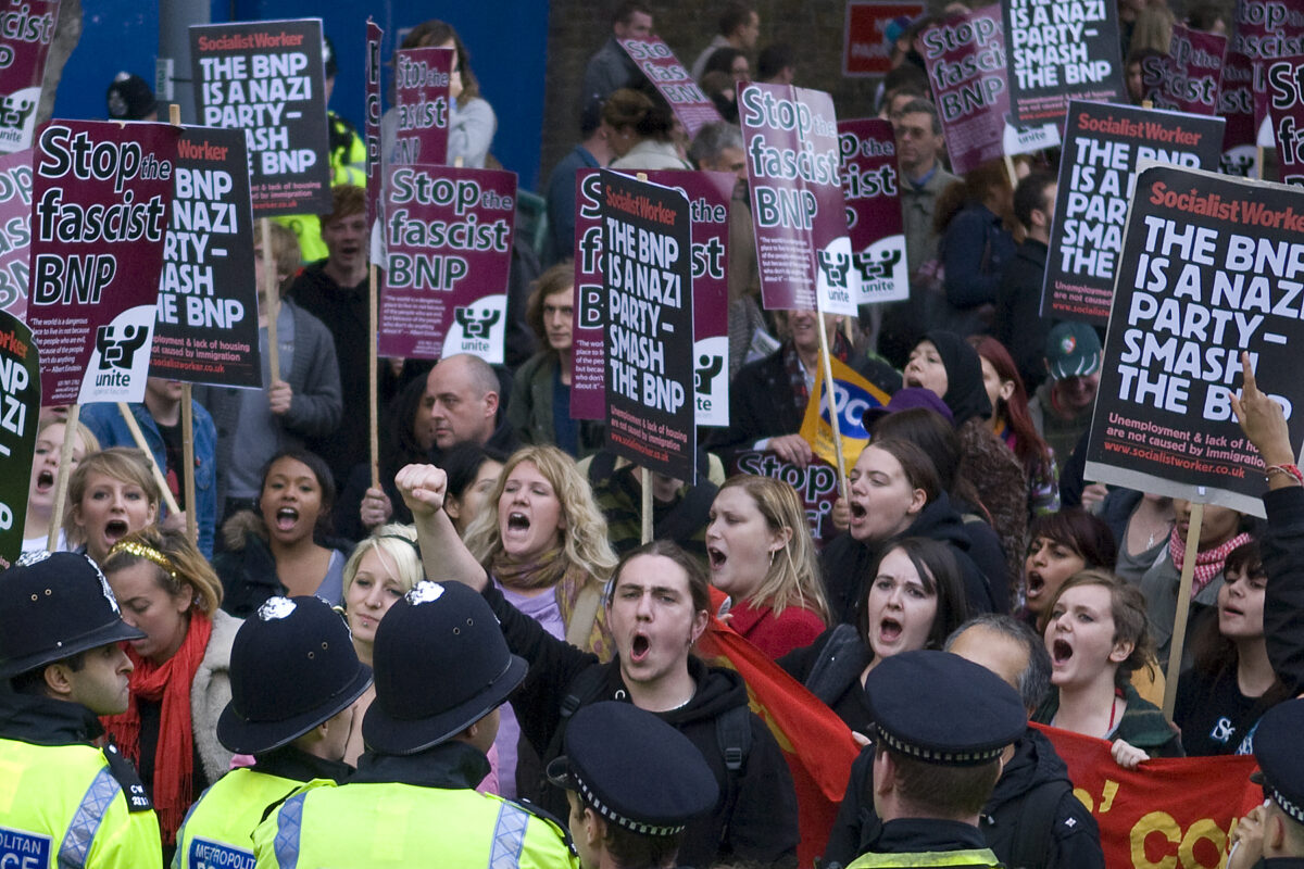 Protests outside BBC Television Centre ahead of Griffin's appearance on Question Time. James M Thorne