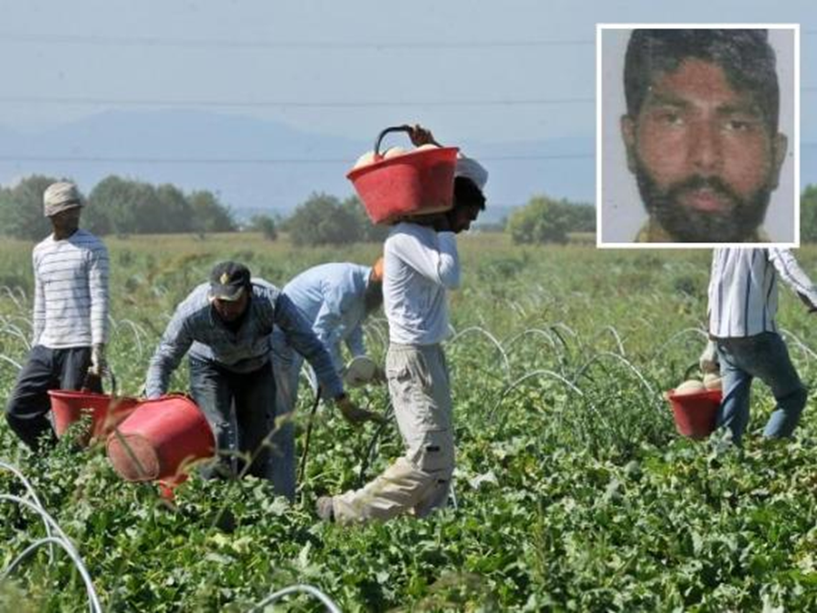Screen grab of workers in a field and insert a picture of Satnam Singh
