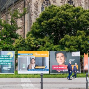 Magdeburg, Germany - 27th May 2024, Political ad billboards with different party candidates European elections 9 June 2024 at german city streets. EU Europe parliament vote day
