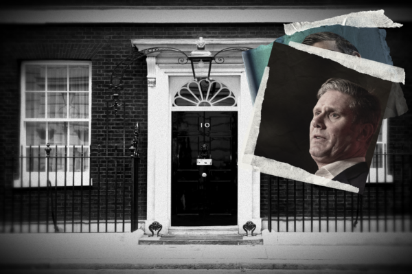 Photo montage showing No10 Downing Street with a scrapbook type photo of Starmer stuck over Sunak.