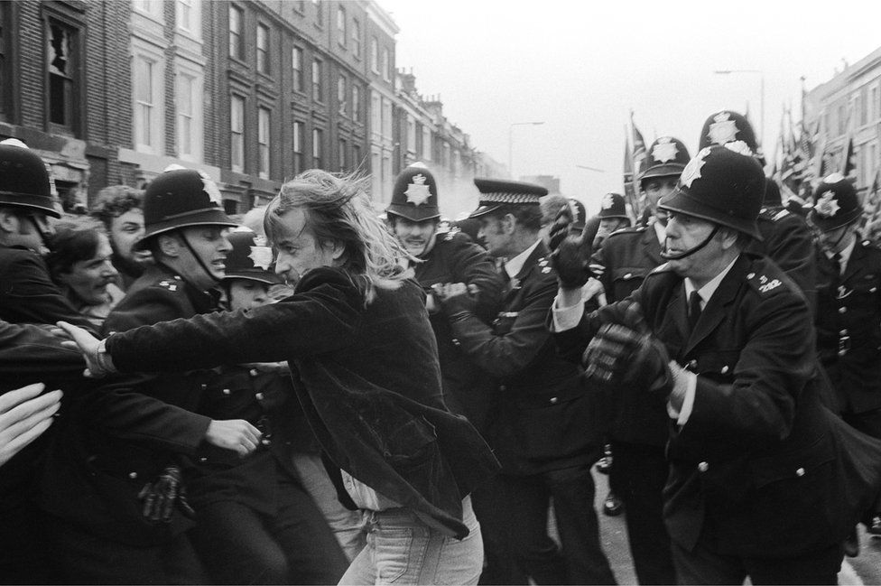 Fighting between protestors and police at Lewisham in 1977