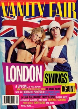 Cover of Vanity Fair's March 1997 issue featuring Liam Gallagher and Patsy Kensit, with the headline "London Swings Again!".