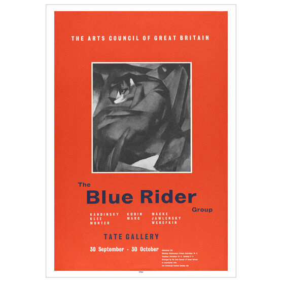 Reproduction Tate gallery vintage exhibition poster for Tate’s 1960 exhibition, The Blue Rider Group.

In a bright orange, the poster also features a black and white image of Franz Marc’s Tiger, 1912. The text reads:

The Arts Council of Great Britain

The Blue Rider Group
Kandinsky Kubin Macke
Klee Marc Jawlensky
Munter Werefkin