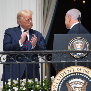 Washington DC, USA - September 15, 2020: President Donald Trump and Prime Minister Benjamin Netanyahu attend the signing ceremony of the Abraham Accords at the White House in Washington, DC.