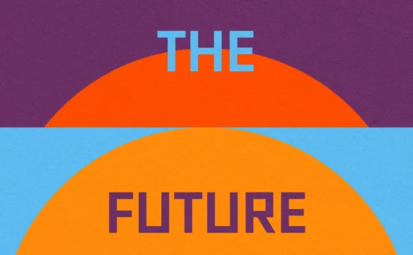 the word 'the' (light blue{ against a rising orange sun against a purple sky and the 'future' (purple) against a rising sun in a light orange out of light blue sky. The words are in large print and capitalised. This is from he front cover of reclaiming the future