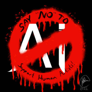 A red "No" symbol over white text that says "AI" on a black background. On the symbol is text that reads "Say no to AI, Support Human Artists!"