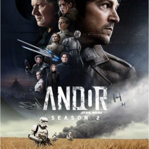 Poster of Andor season 2, featuring various characters superimposed on a dark skyline with imperial storm troopers marching over a burning wheat field below.