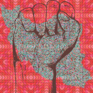 Solidarity fist over an abstract map of Iran using blue and red colours