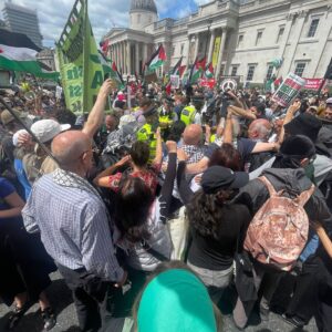 We are all Palestine Action: prtestors in Traflgar Square as the prosciption is announced.