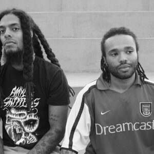 Black and white photo of the two member of Bob Vylan