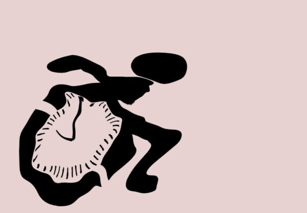 A person in a wheelchair with distorted clock as a wheel on a beige background.