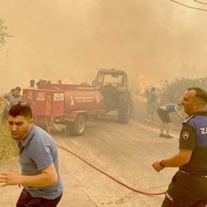 Fire fighters battle a wild fire.