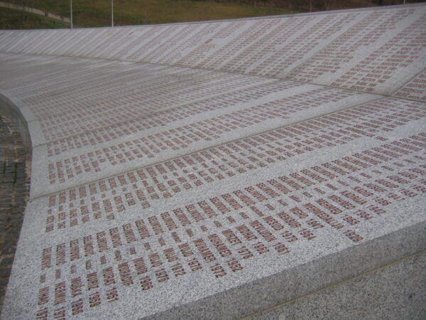 Part of stone tablet with the names of those massacred at Srebrenica