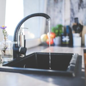 A kitchen water tap turned on spilling water into a basin, with house plants around it.