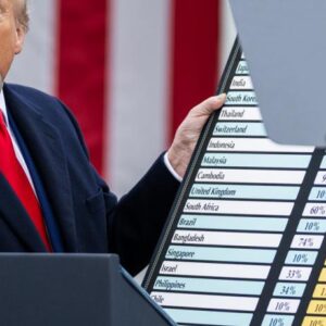 Trump holding board with names of countries on which he proposes to impose tariffs