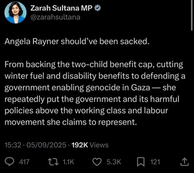 Tweet stating:

Angela Rayner should’ve been sacked.

From backing the two-child benefit cap, cutting winter fuel and disability benefits to defending a government enabling genocide in Gaza — she repeatedly chose the government and its harmful policies over the working class and labour movement she claims to represent.