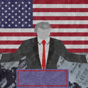 Trump silhouette in front of a map of the middle east.